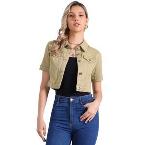 Short Sleeves Crop Jean Denim Jacket Khaki